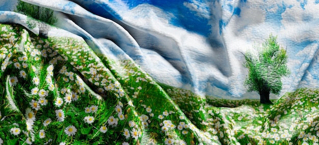 Концепция весны и экологии с голубым небом, нарисованным на холсте