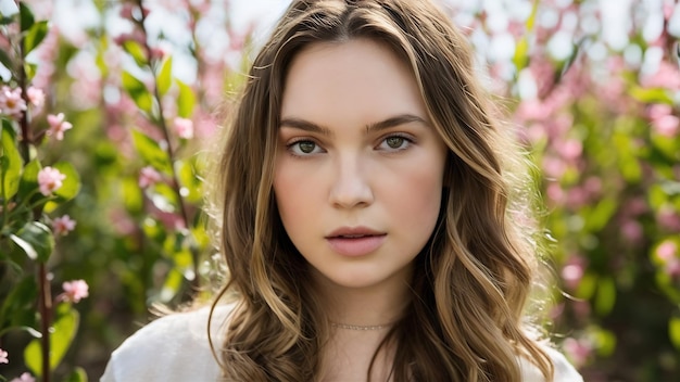 Photo spring fashion girl face outdoors portrait in blooming field