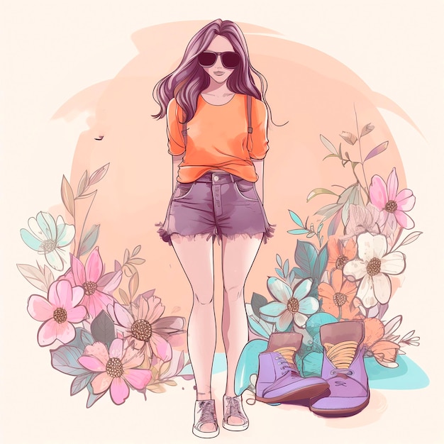 Spring fashion show illustration designer clothes on girl