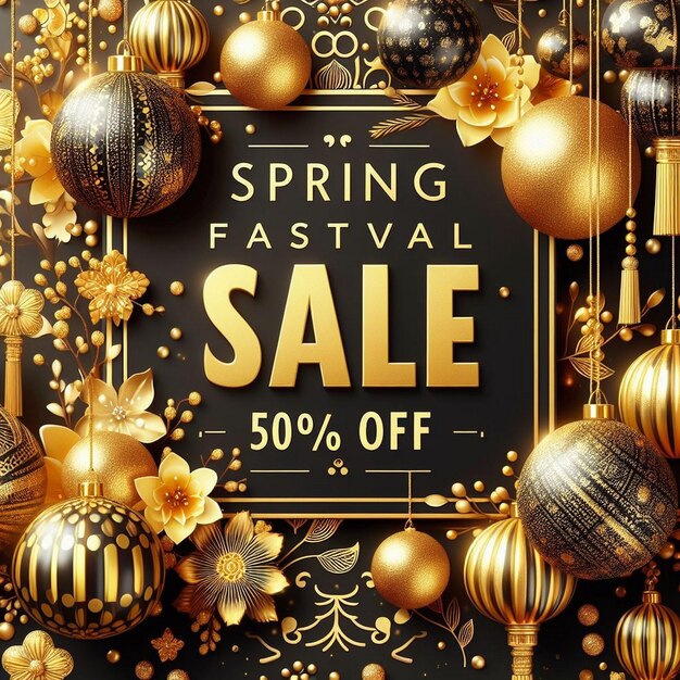 spring festival sale 50 off with golden and black balls banner AI generated