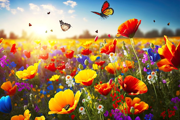 Spring field with bright multicolored flowers and butterflies