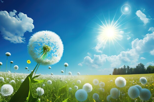 A spring field with white dandelionsthe beauty of nature generative ai