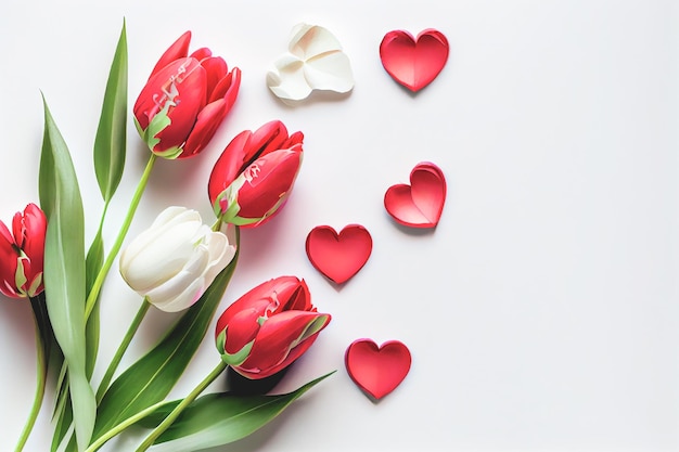 Весенняя плоская планировка Розовые тюльпаны на белом фоне место для текста Стильный мягкий весенний образ