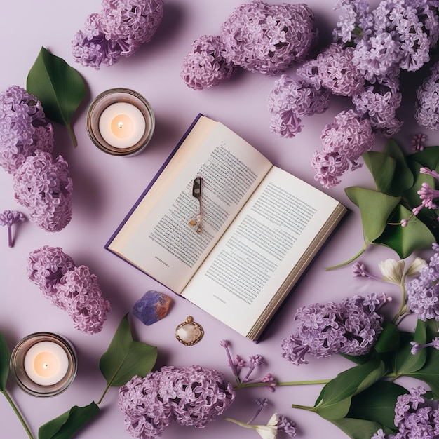 Spring flat lay with lilac top view on flowers and book generat ai