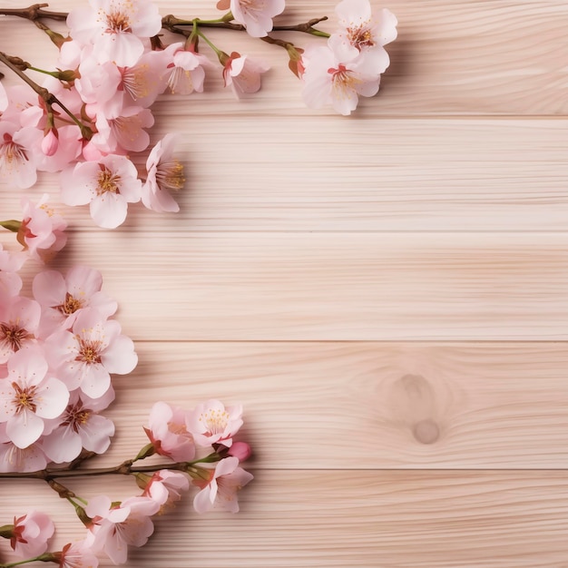 Foto piatto primaverile con rami di fiori di sakura su uno sfondo di legno chiaro vista dall'alto