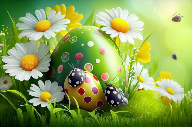 Spring floral backgraund wit colorfull easter eggs meadow flowers and bugs Generative ai
