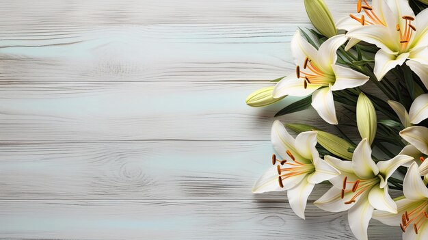 Photo spring floral background fresh lilies flowers on soft gray vintage wooden background