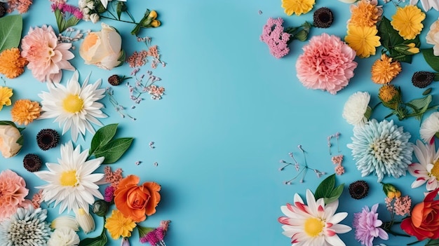 봄 꽃 배경 패턴 및 벽지 Flatlay 흰색 아몬드 꽃 화환 위에 밝은 민트 배경 평면도 복사 공간 ai 생성