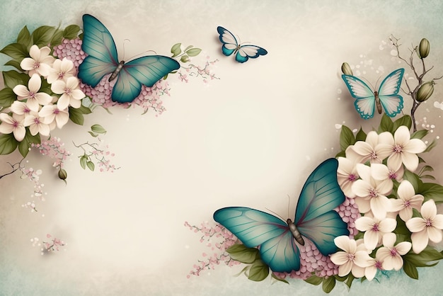 Spring floral background with colorful butterflies and copy space generative ai