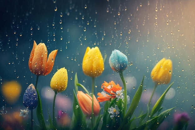 Spring floral background with rain drops and free space for text Generative AIxA