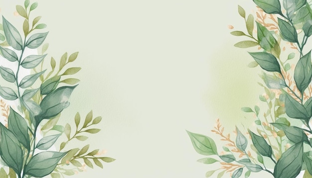spring floral border background in green with leaf watercolor illustration