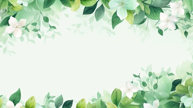 spring floral border background in green with leaves watercolor illustration