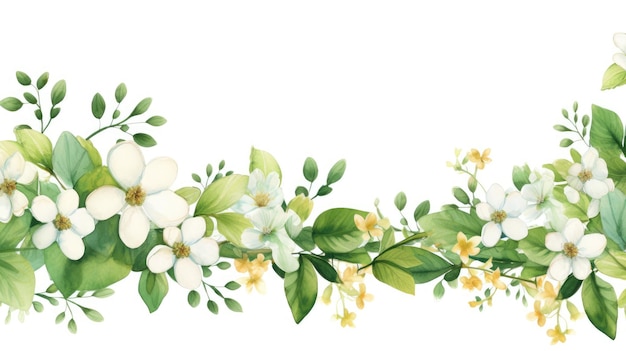 spring floral border background in green with leaves watercolor illustration