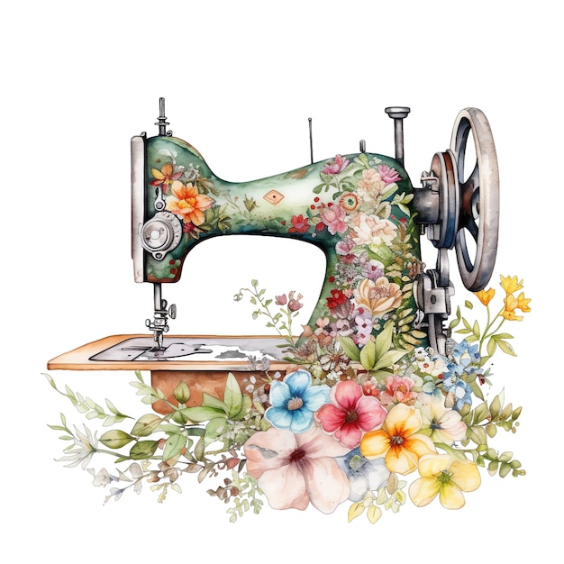 Spring floral vintage cottagecore sewing machine watercolor illustration spring clipart