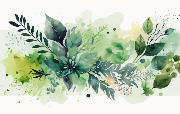 spring floral watercolor background vector in green with leaf illustration