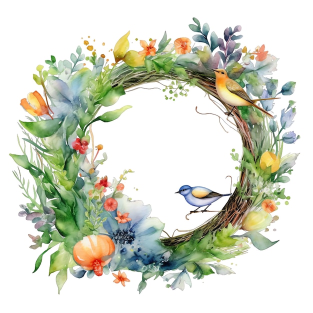 Spring floral wreath circle watercolor illustration spring clipart