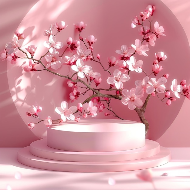 Spring Flower 3D Podium in roze met bloemen achtergrond