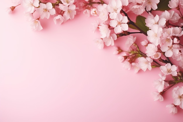 spring flower border on soft pink background copy space