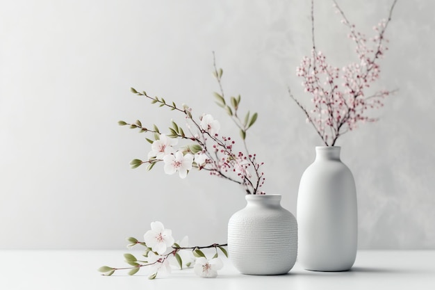 Spring flower branches in white vases against a white background