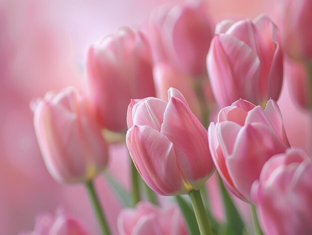 写真 パステルピンクの背景に細なピンク色のチューリップの春花の構成