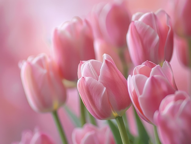 Foto composizione di fiori primaverili con delicati tulipani rosa su uno sfondo rosa pastello