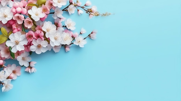 Spring flower frame on blue background copy space