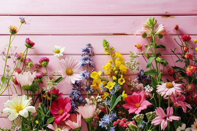 春の花のフレームまたは花の境界線の空スペースの結婚式の招待状または母の日のコンセプトを持つ素朴な木製の背景