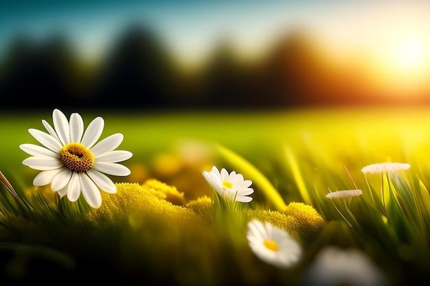 Spring Flower Landscape Daisy and Grass New Growth Background