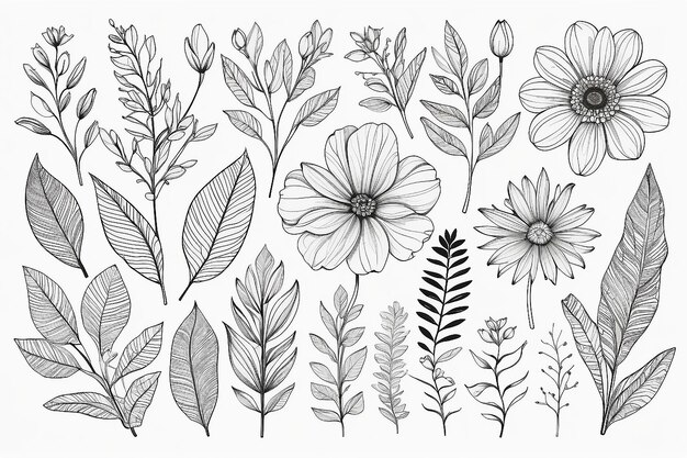 Photo spring flower and leaves line art collection