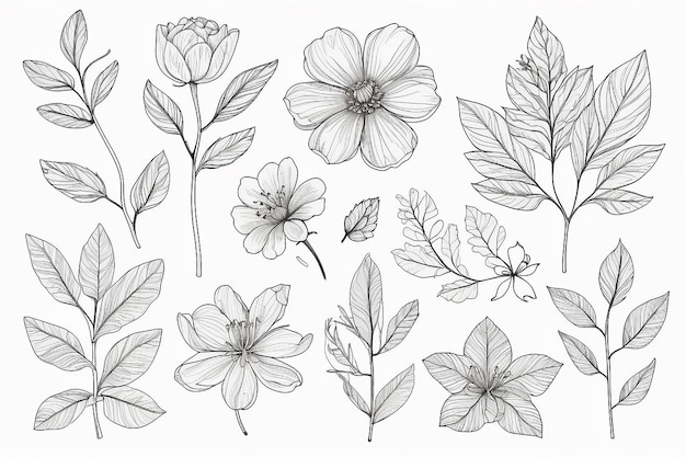 Photo spring flower and leaves line art collection