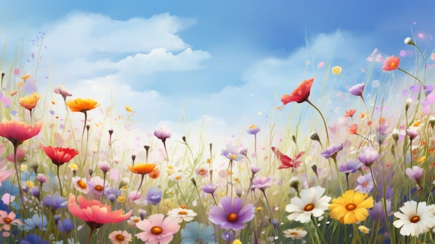Весенний цветочный луг Ландшафтная природа Фон красивых цветов Дикие цветы Копируйте пространство
