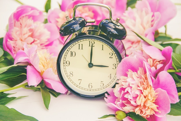 Spring flowers and Alarm Clock. Change the time.