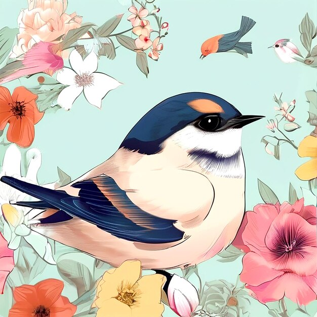 写真 春の花と鳥が背景画像を生成する