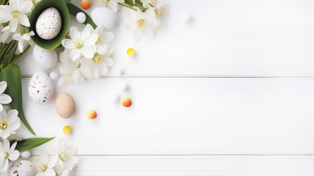 写真 春の花と白い木製の背景のイースターエッグ