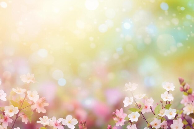 Photo spring flowers on a background of blurred green and blue sky