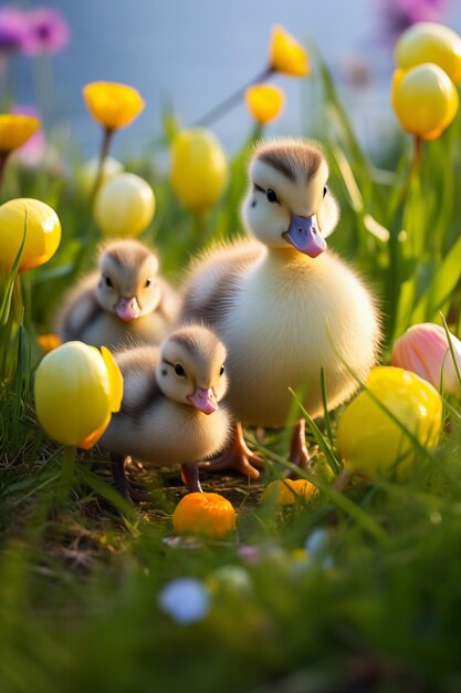 Весенние цветы на заднем плане Счастливых пасхальных уток и яиц