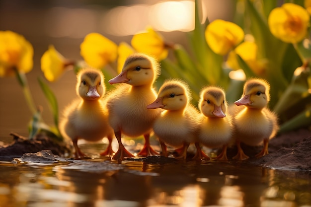 春の花の背景 ハッピー・イースター・アヒル