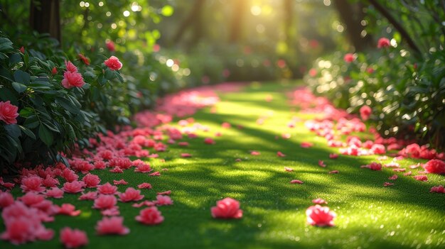 Spring flowers blooming in a lush green botanical garden