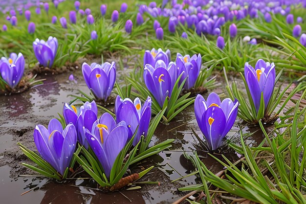 Spring flowers of blue crocuses in drops of water on the background of tracks of rain drops