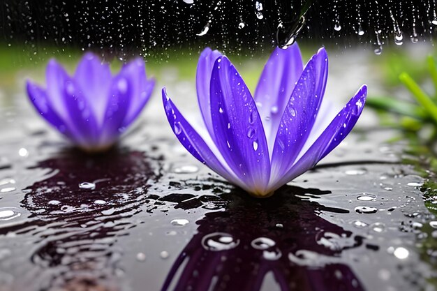 Spring flowers of blue crocuses in drops of water on the background of tracks of rain drops