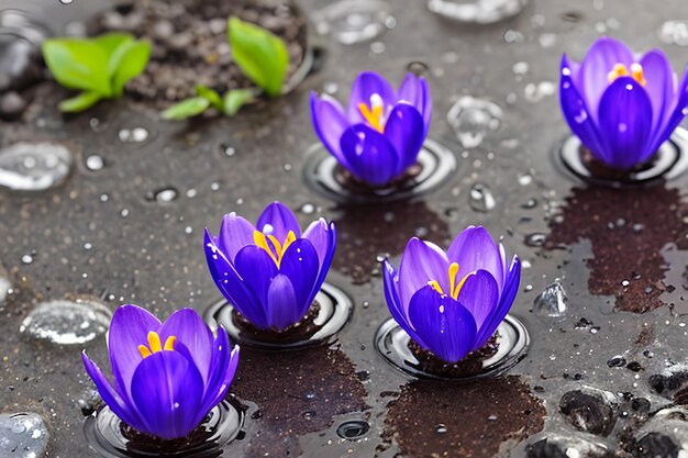 Spring flowers of blue crocuses in drops of water on the background of tracks of rain drops