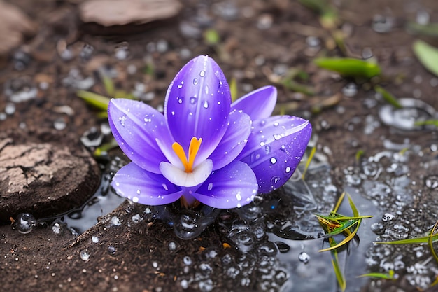 Spring flowers of blue crocuses in drops of water on the background of tracks of rain drops