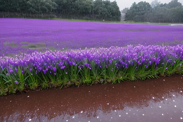 Spring flowers of blue crocuses in drops of water on the background of tracks of rain drops