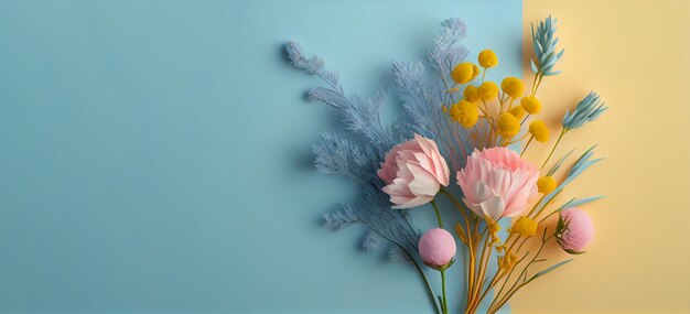 Spring flowers on blue yellow pastel background top view in flat lay style Greeting for Womens or Mothers Day or Spring Sale Banner Generative Ai