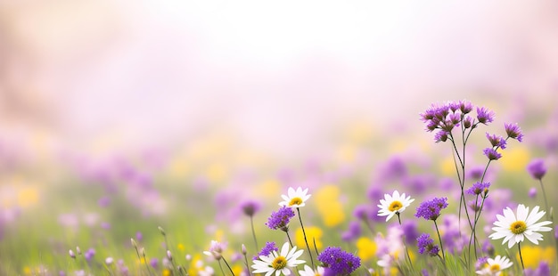 Spring flowers on blurred background postcard banner Generative AI