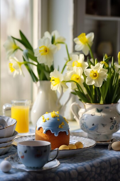 Spring flowers bouquet Happy Easter background Ukrainian blue and yellow Easter eggs and sweets