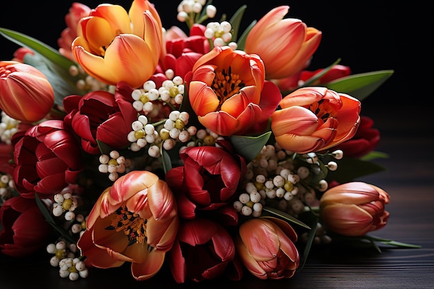 Spring flowers bouquet red tulips on a black background