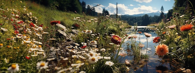 写真 小川沿いの春の花 生成ai