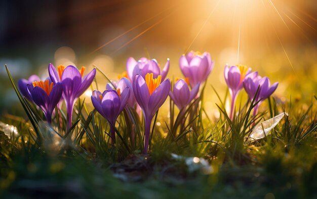 Spring Flowers Crocus Blossoms On Grass With Sunlight