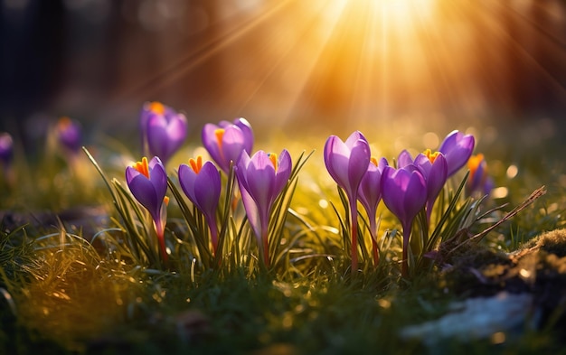 Foto fiori di primavera fiori di croco sul prato con la luce del sole